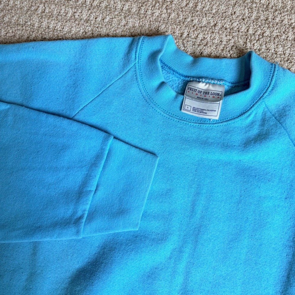 Vintage Fruit of the Loom Sweatshirt Mens Large Blue Raglan Made in USA Cyan